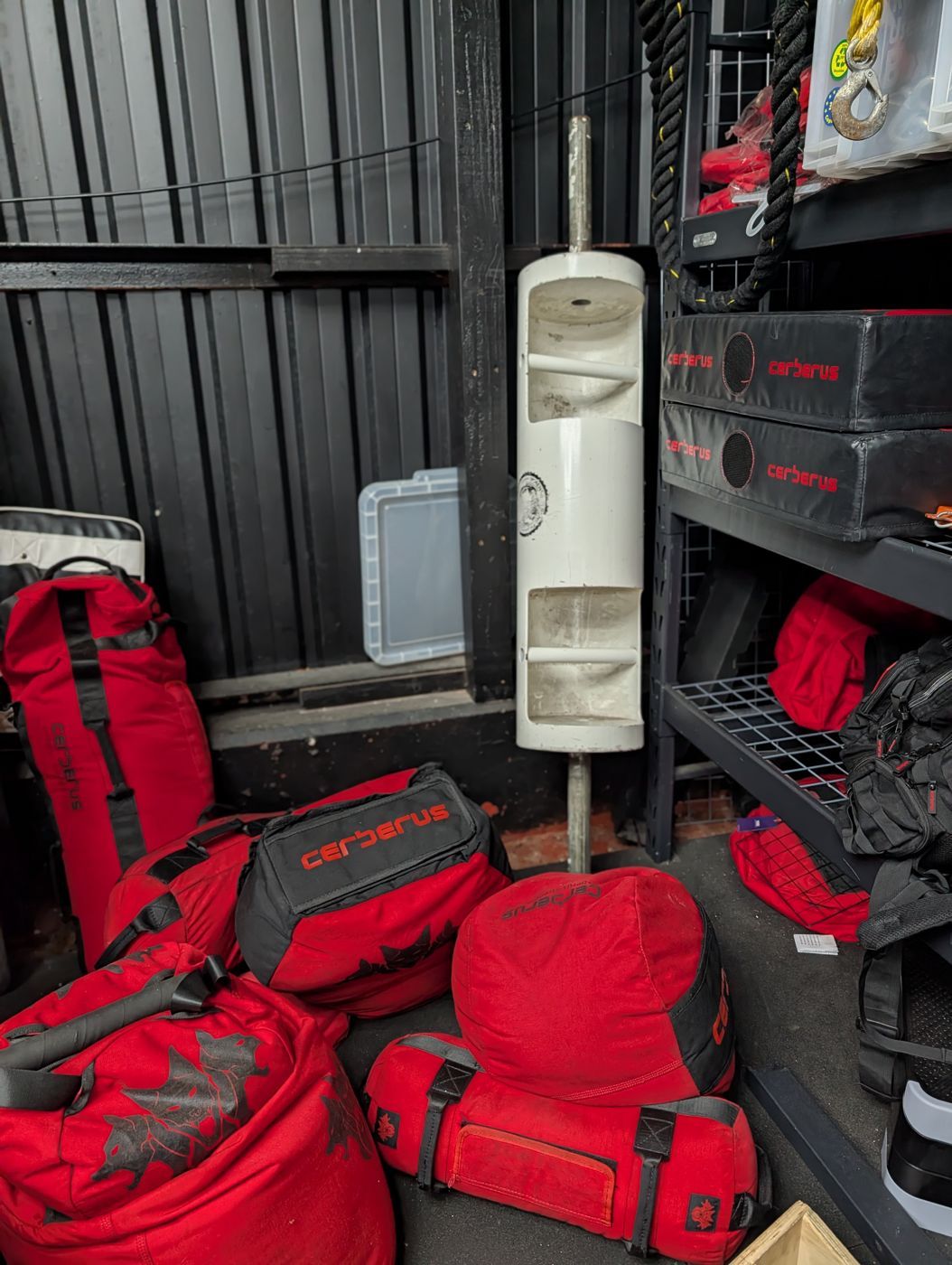 Cerberus sandbags and strongman log ready for Saturday